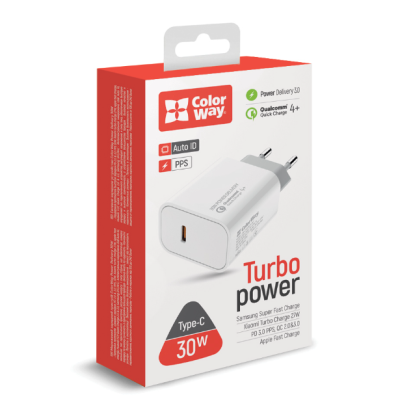 Мережевий зарядний пристрій Colorway Power Delivery Port PPS (30W) White, Білий