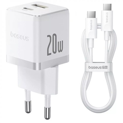 Сетевое зарядное устройство Baseus Palm 20W (Type-C+USB) + Type-C to Type-C 60W White, Белый