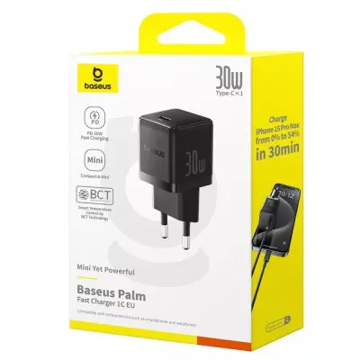 Мережевий зарядний пристрій Baseus Palm 30W PD Black, Чорний