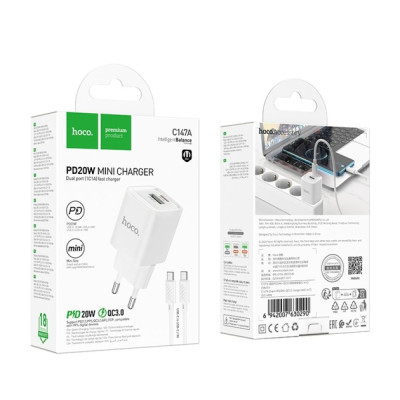 Мережевий зарядний пристрій Hoco C147A 1PD+1USB 20W + Type-C to Type-C  White, Білий