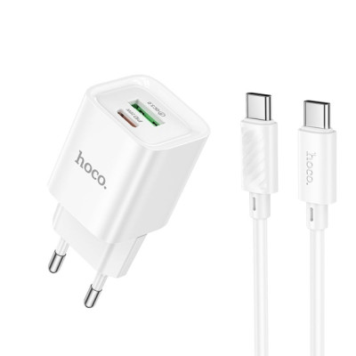 Мережевий зарядний пристрій Hoco C147A 1PD+1USB 20W + Type-C to Type-C  White, Білий