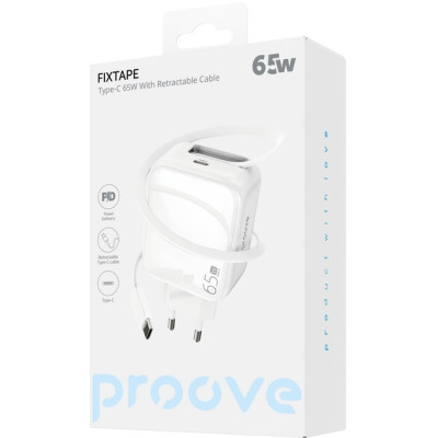Мережевий зарядний пристрій Proove Fixtape GaN USB-C 65W + Type-C Білий