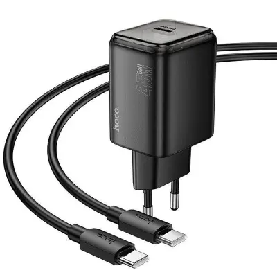 Мережевий зарядний пристрій Hoco N54 Monsoon PD 45W 1USB-C + Кабель Type-C to Type-C Black, Чорний