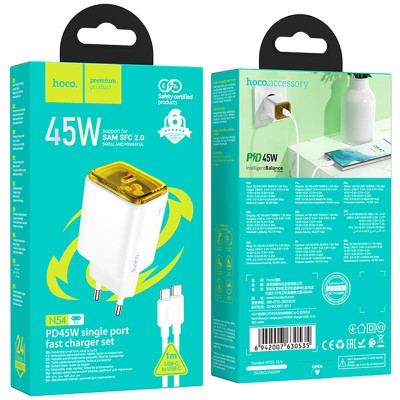 Сетевое зарядное устройство Hoco N54 Monsoon PD 45W 1USB-C + Кабель Type-C to Type-C White, Белый