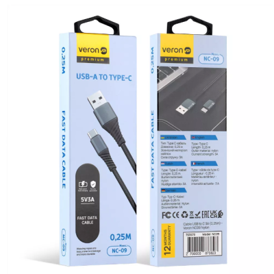 Кабель Veron NC09 Nylon Type-C 0.25м Серый Кабель Veron NC09 Nylon Type-C 0.25м Серый