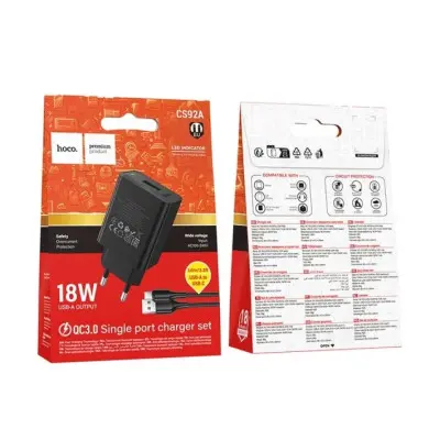 Сетевое зарядное устройство Hoco CS92A 18W 1USB/QC 3.0 + USB-A to Type-C Черный Сетевое зарядное устройство Hoco CS92A 18W 1USB/QC 3.0 + USB-A to Type-C Черный