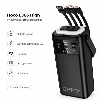 Універсальна мобільна батарея Повербанк Hoco EJ65 High 22.5W + PD20W 30000mAh Чорний Універсальна мобільна батарея Повербанк Hoco EJ65 High 22.5W + PD20W 30000mAh Чорний