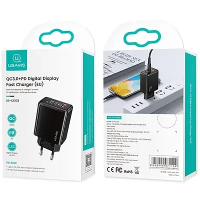 Сетевое зарядное устройство Usams US-CC133 T40 1USB+1USB-C Black, Чёрный