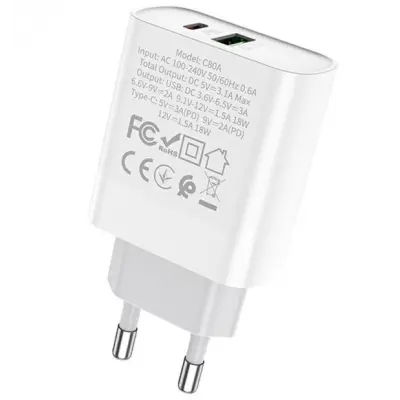 Сетевое зарядное устройство Hoco C80A 1USB+1PD Белый