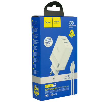 Мережевий зарядний пристрій Hoco N21 Pro 1PD+2USB 30W + Кабель Type-C to Lightning White, Білий
