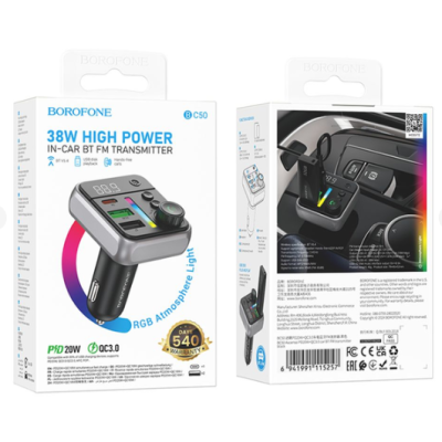 FM модулятор Borofone BC43 BC50 PD20W+QC3.0 18W BT 5.4 Black, Чёрный