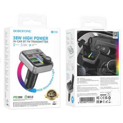 FM Трансмітер Borofone BC43 BC50 PD20W+QC3.0 18W BT 5.4 Black, Чорний