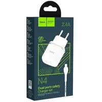 Сетевое зарядное устройство Hoco N4 Aspiring 2USB 2.4A + Lightning White, Белый