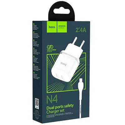 Мережевий зарядний пристрій Hoco N4 Aspiring 2USB 2.4A + Lightning White, Білий