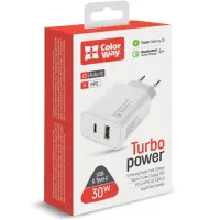 Сетевое зарядное устройство Colorway CW-CHS021Q-WT 1USB+1PD Q.C 30W White, Белый