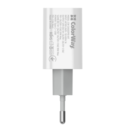 Мережевий зарядний пристрій Colorway CW-CHS021Q-WT 1USB+1PD Q.C 30W White, Білий