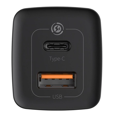 Сетевое зарядное устройство Baseus GaN2 Lite USB-C+USB-A (65W) Black, Чорный