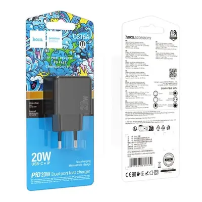 Мережевий зарядний пристрій Hoco CS16A 1USB-C+Lightning (20W)  Black, Чорний