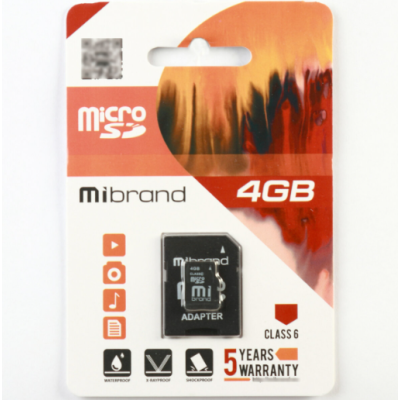 Карта памяти Micro SD 4Gb Mibrand Class 6 + Адаптер