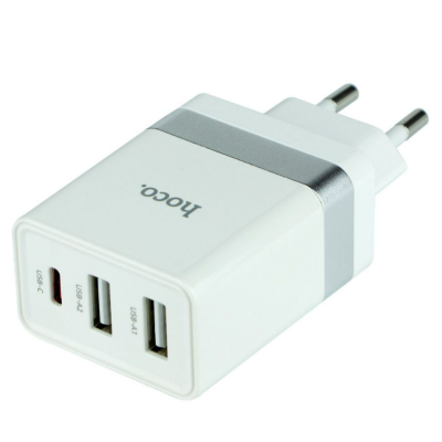 Мережевий зарядний пристрій Hoco N21 1PD+2USB 30W Type-C to Type-C White, Білий