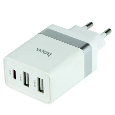 Мережевий зарядний пристрій Hoco N21 1PD+2USB 30W Type-C to Type-C White, Білий