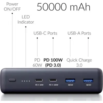 Універсальна мобільна батарея Повербанк Voltero S50 50000mAh 100W PD3.0 PPS Чорний