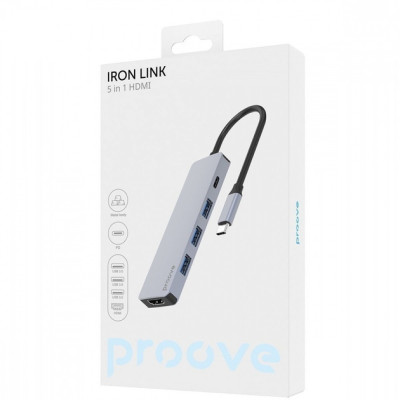 USB хаб Proove Iron Link 5 in 1 (3*USB3.0 + Tyce C + HDMI) Silver, Срібло
