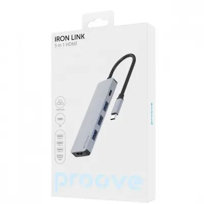 USB хаб Proove Iron Link 5 in 1 (3*USB3.0 + Tyce C + HDMI) Silver, Серебро