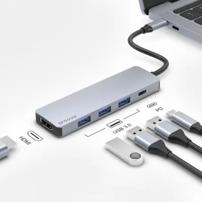 USB хаб Proove Iron Link 5 in 1 (3*USB3.0 + Tyce C + HDMI) Silver, Серебро