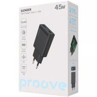 Мережевий зарядний пристрій Proove Slender 45W (Type-C+USB)  Black, Чорний