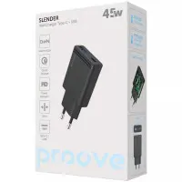 Сетевое зарядное устройство Proove Slender 45W (Type-C+USB) Black, Черный