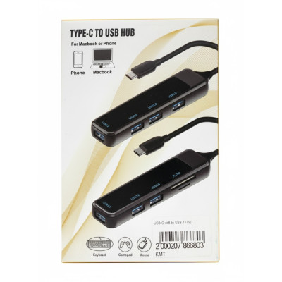 USB хаб H-388 5in1 Type-C на 3xUSB+ TF/SD Grey, Сірий