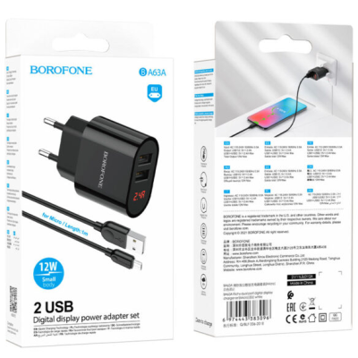 Сетевое зарядное устройство Borofone BA63A 2USB 2,4A + MicroUSB Чёрный