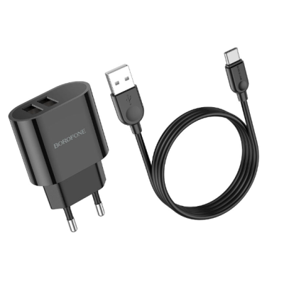 Мережевий зарядний пристрій Borofone BA63A 2USB 2,4A + Type-C Black, Чорний