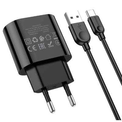 Сетевое зарядное устройство Borofone BA63A 2USB 2,4A + Type-C Black, Чёрный