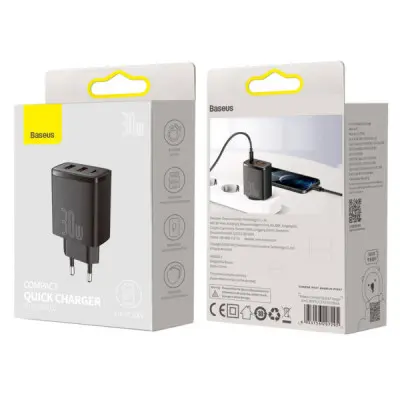 Сетевое зарядное устройство Baseus 2USB+1USB-C Compact 30W Чёрный