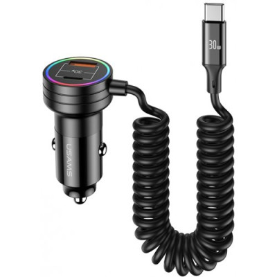 Автомобільний зарядний пристрій Usams C33 (US-CC167) USB-A/USB-C PD.3.0 60W 3A + вбудований кабель Type-C Black, Чорний