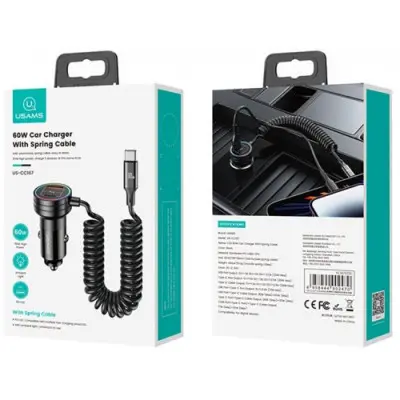 Автомобільний зарядний пристрій Usams C33 (US-CC167) USB-A/USB-C PD.3.0 60W 3A + вбудований кабель Type-C Black, Чорний