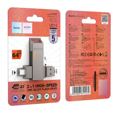 Флеш память USB 64Gb Hoco UD15 Clever USB 3.2+Type-C Серый