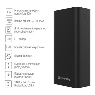 Универсальная мобильная батарея Повербанк ColorWay 30000mAh Lamp Черный