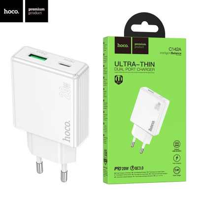 Мережевий зарядний пристрій Hoco C142A 1PD+1USB 20W White, Білий