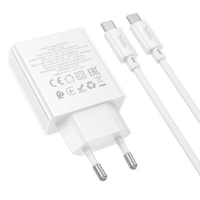 Мережевий зарядний пристрій Hoco C142A 1PD+1USB 20W + Type-C to Type-C  White, Білий