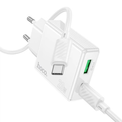 Мережевий зарядний пристрій Hoco C142A 1PD+1USB 20W + Type-C to Type-C  White, Білий
