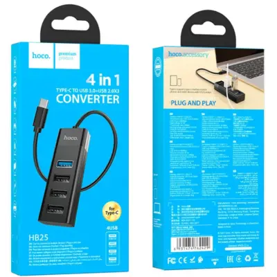 USB хаб Hoco HB25 Type-C 4in1 Black, Черный