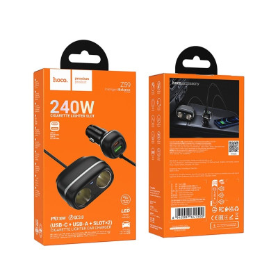 Автомобильное зарядное устройство HOCO Z59 Rank 48W PD30W+QC3.0 dual cigarette lighter slot Черный