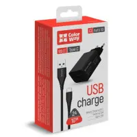 Сетевое зарядное устройство Colorway AUTO ID 2A + Type-C Black, Черный