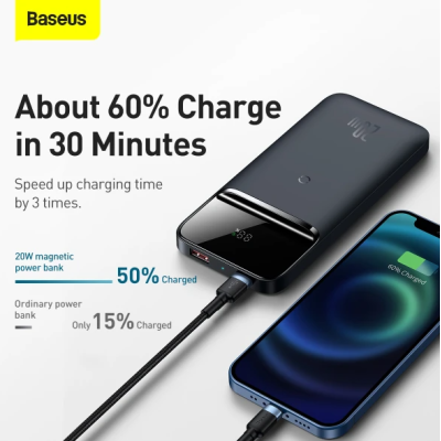 Універсальна мобільна батарея Повербанк Baseus Magnetic 1in2 10000mAh 20W 3A QC3.0+PD3.0 з Бездротовою зарядкою Qi 10W Синій