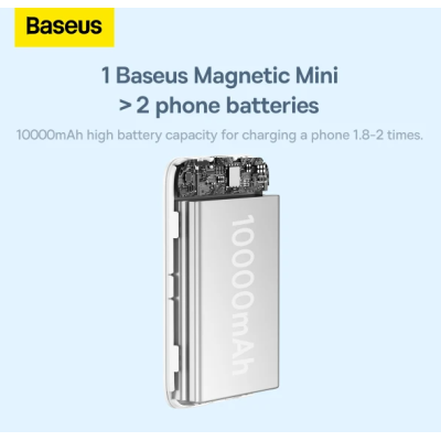 Універсальна мобільна батарея Повербанк Baseus Magnetic Mini Wireless Fast Charge 2in1 10000mAh 20W 2.4A QC3.0+PD3.0 з Бездротовою зарядкою Qi 15W Білий