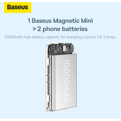 Универсальная мобильная батарея Повербанк Baseus Magnetic Mini Wireless Fast Charge 2in1 10000mAh 20W 2.4A QC3.0+PD3.0 с беспроводной зарядкой Qi 15W Белый