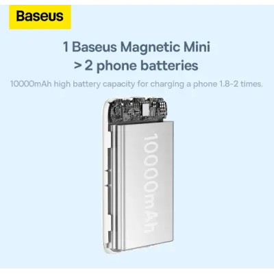 Універсальна мобільна батарея Повербанк Baseus Magnetic Mini Wireless Fast Charge 2in1 10000mAh 20W 2.4A QC3.0+PD3.0 з Бездротовою зарядкою Qi 15W Білий